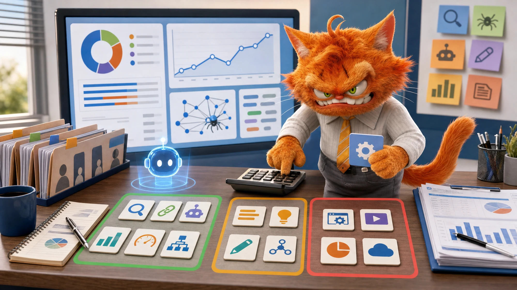 Chat mascotte ToolsBoxSEO calculant le budget mensuel d'une stack SEO et IA pour freelance en 2026.