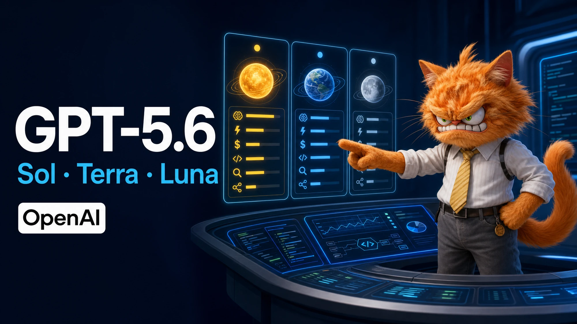 Cover ToolsBoxSEO sur GPT-5.6 Sol, Terra et Luna avec mascotte chat comparant les trois modèles OpenAI.
